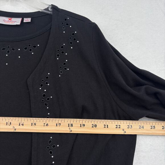 Quacker Factory Duet Knit Top Size L Black Eyelet Rhinestone 3/4 Sleeve Cotton - Picture 8 of 10